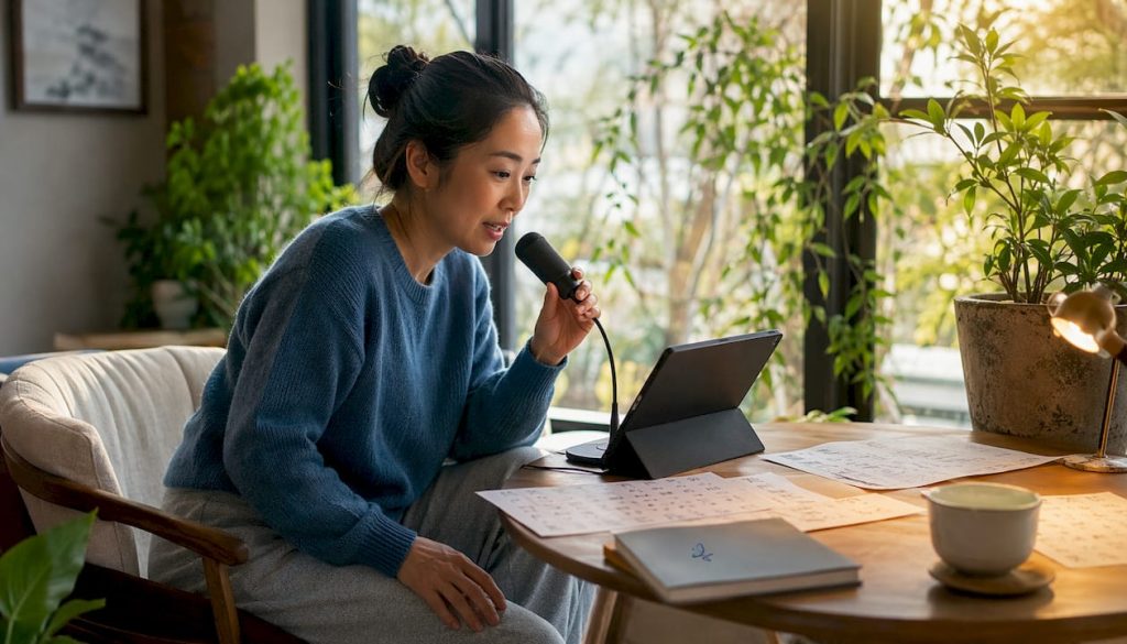 Adult learner practicing Japanese pronunciation at desk