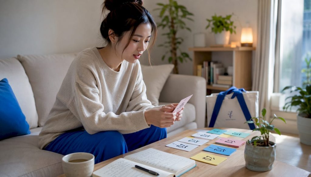 Woman studying Japanese pronunciation at home