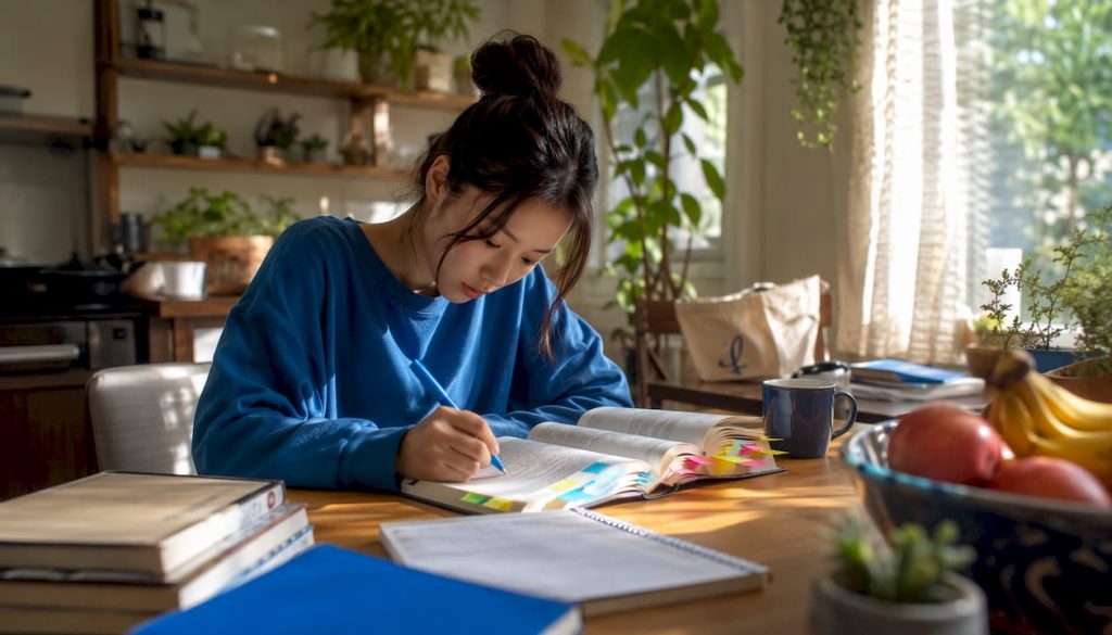 Japanese learner studying pitch accent at desk