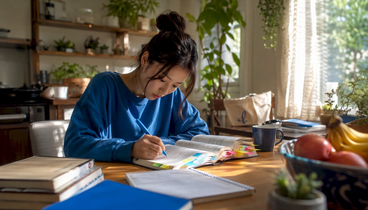 Japanese learner studying pitch accent at desk