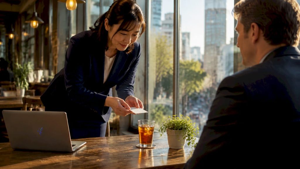 Japanese businesswoman exchanging business card in boardroom