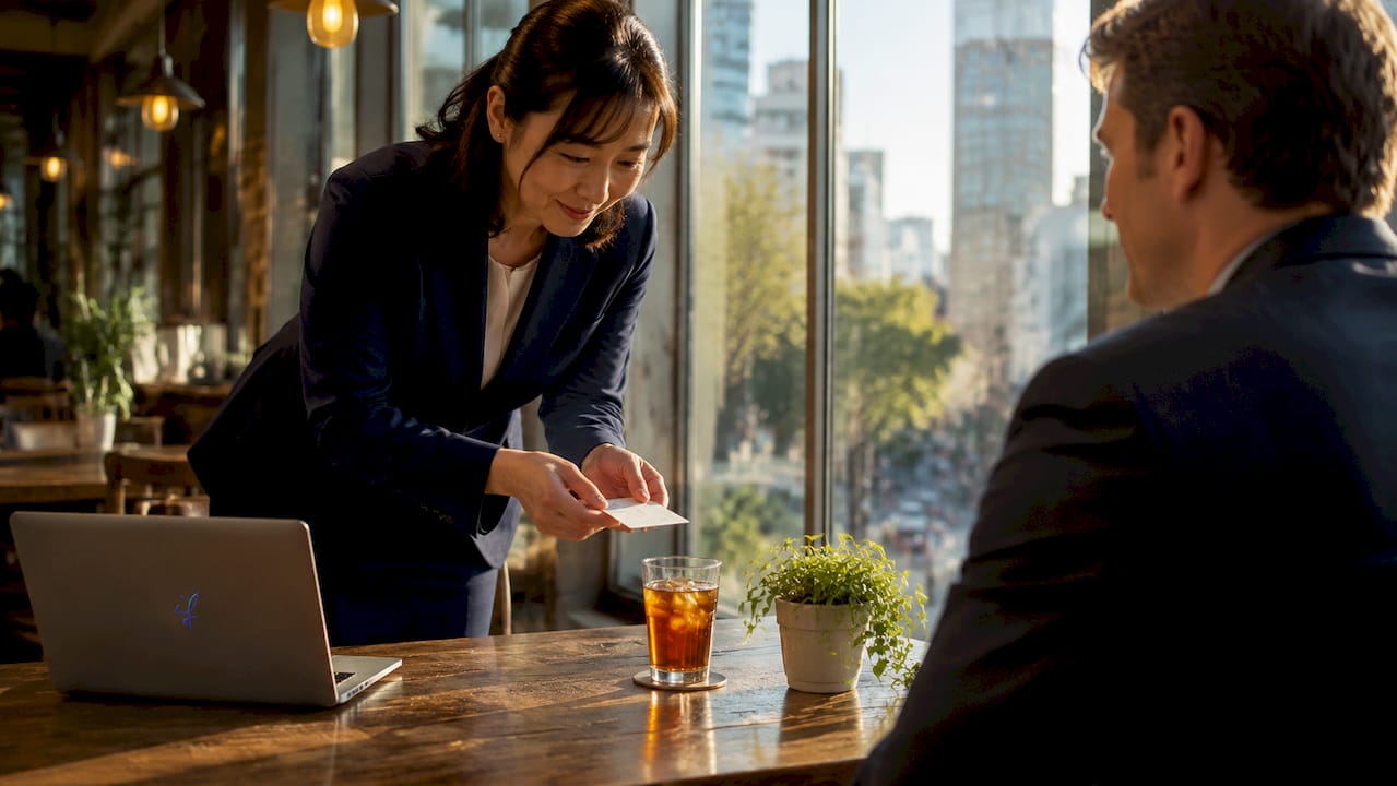 Japanese businesswoman exchanging business card in boardroom