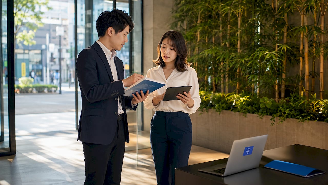 Japanese office workers discussing client communication protocols