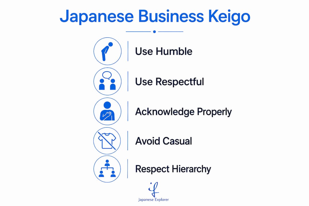 Infographic showing key Japanese business keigo steps