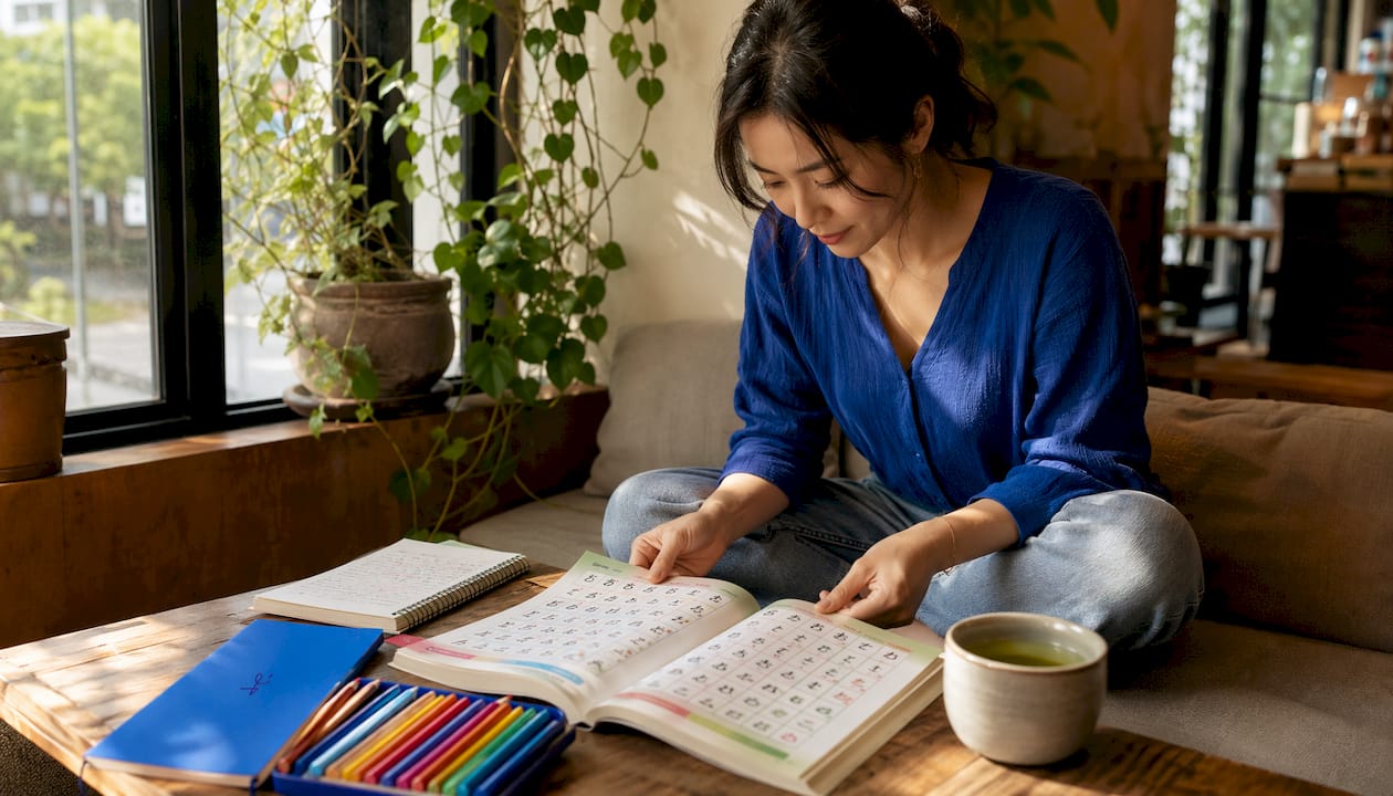 Hands practicing Japanese kana with book and pencils