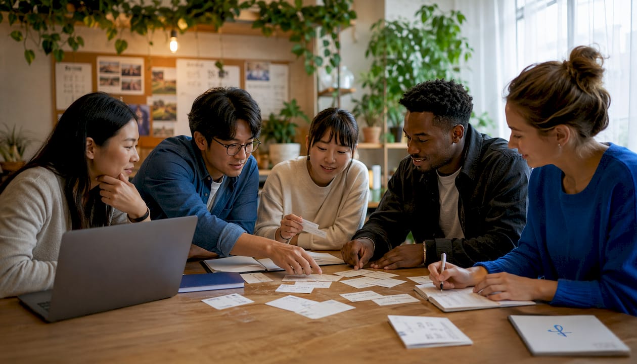 Team collaborating on Japanese language learning