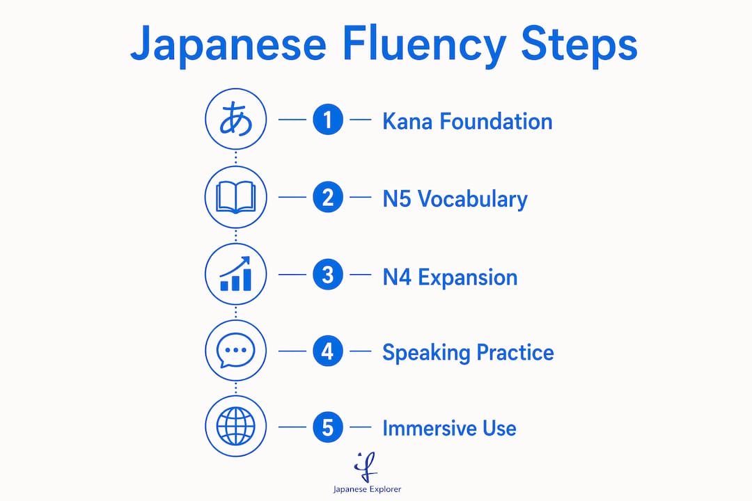 Infographic showing five step Japanese fluency learning process