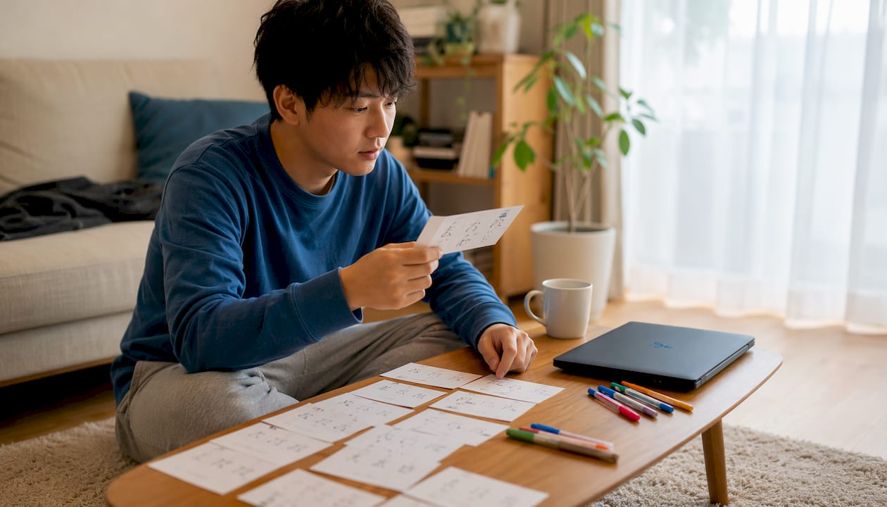 Learner practicing Japanese flashcards aloud