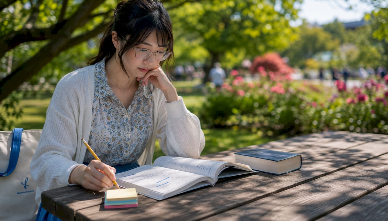 Woman studying Japanese grammar workbook