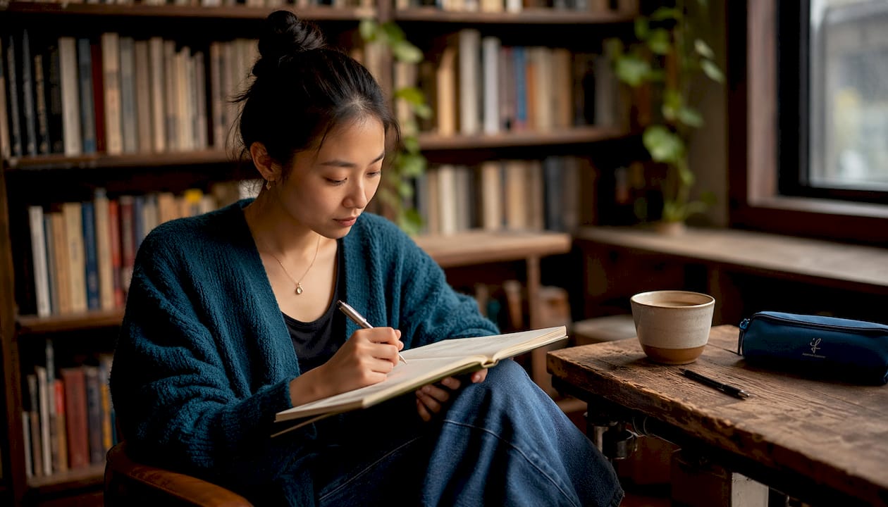 Hands studying Japanese honorifics in notebook
