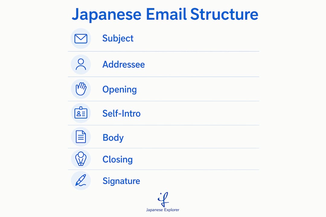 Infographic outlining Japanese email structure steps