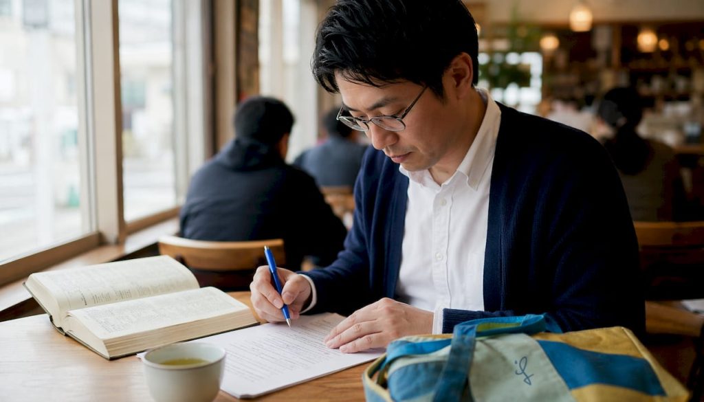 Man annotating Japanese documents in library