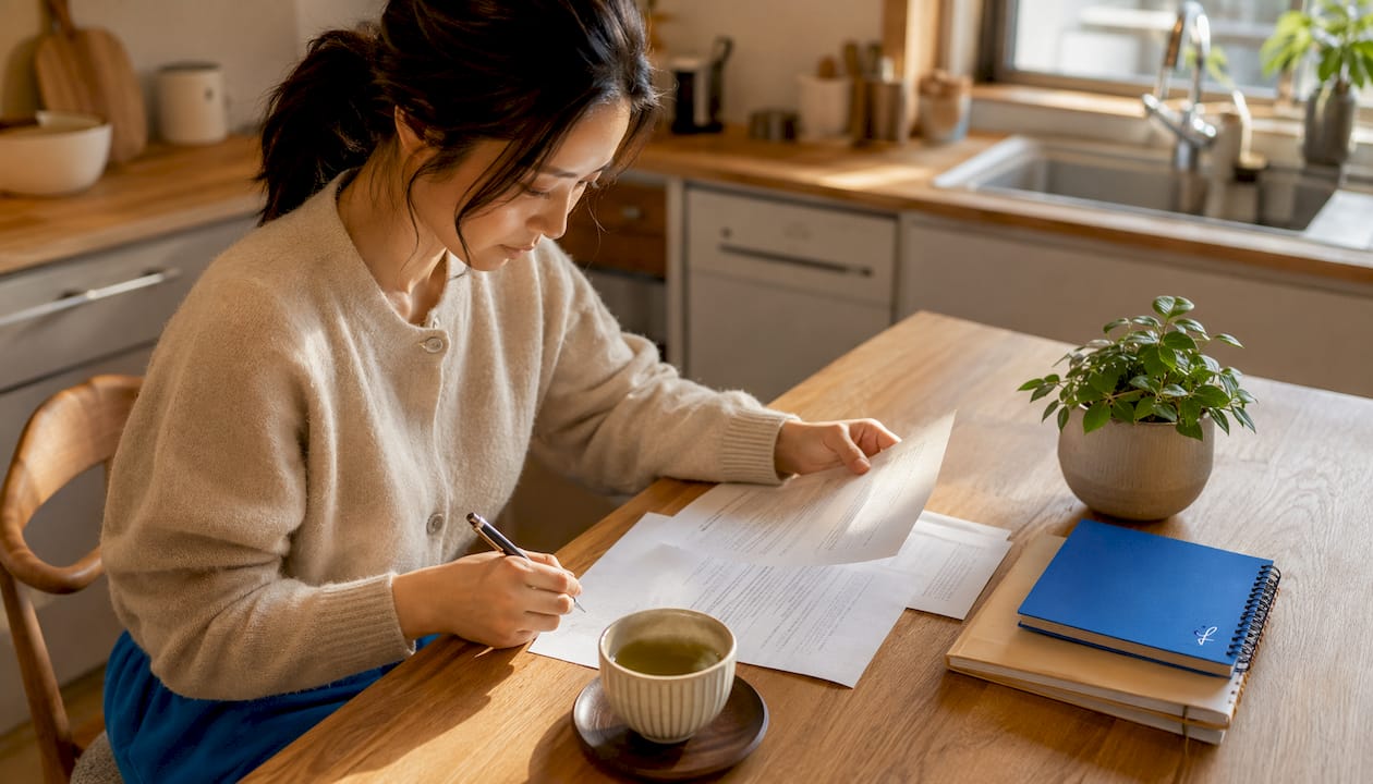 Woman reviewing Japanese business documents at desk