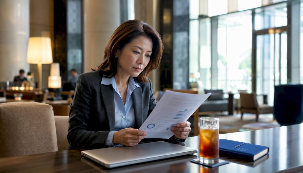 Executive reviewing a language proficiency report at office desk