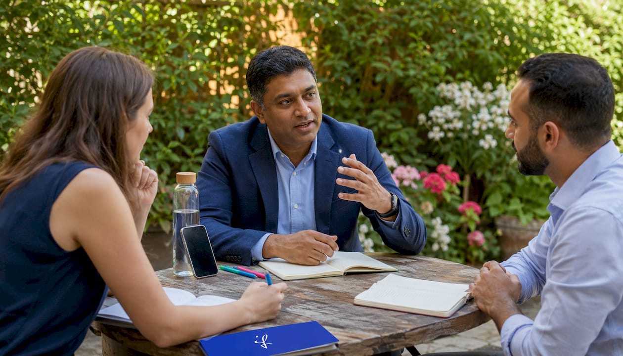 Leader engaging in cross-cultural team discussion around conference table