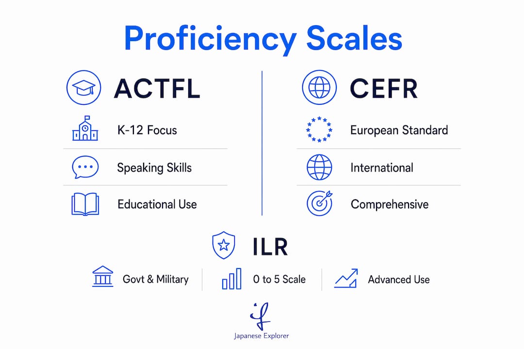 Infographic comparing ACTFL, CEFR, and ILR language proficiency scales