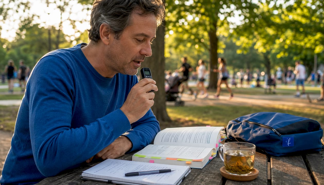 Man practicing spoken Japanese in café