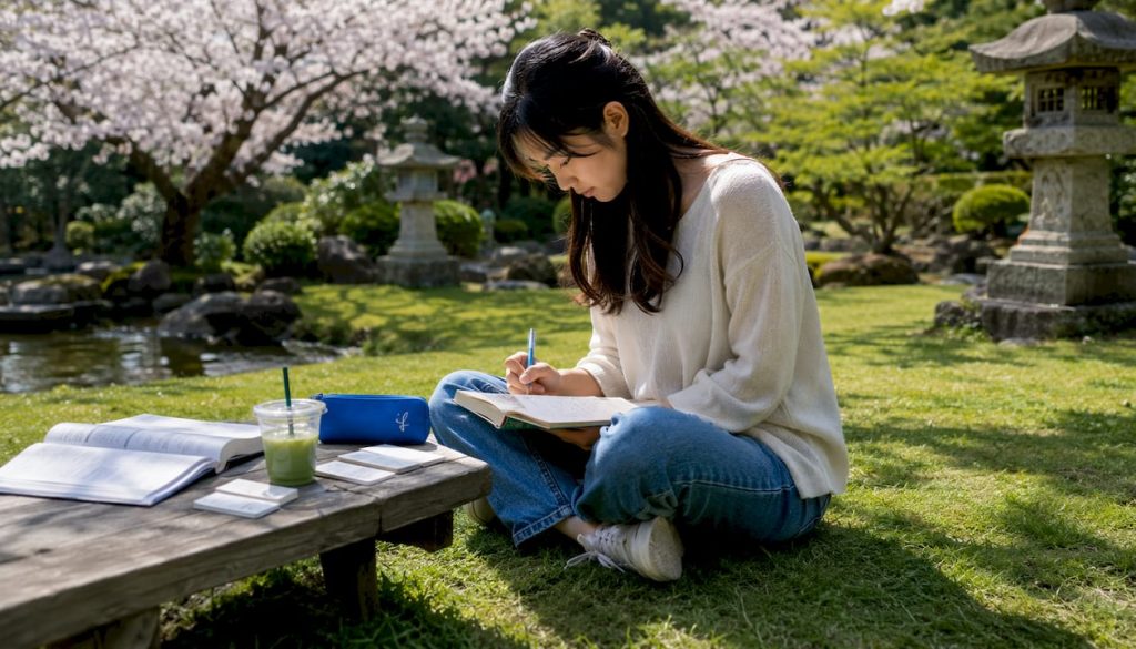Woman practicing Japanese writing at home