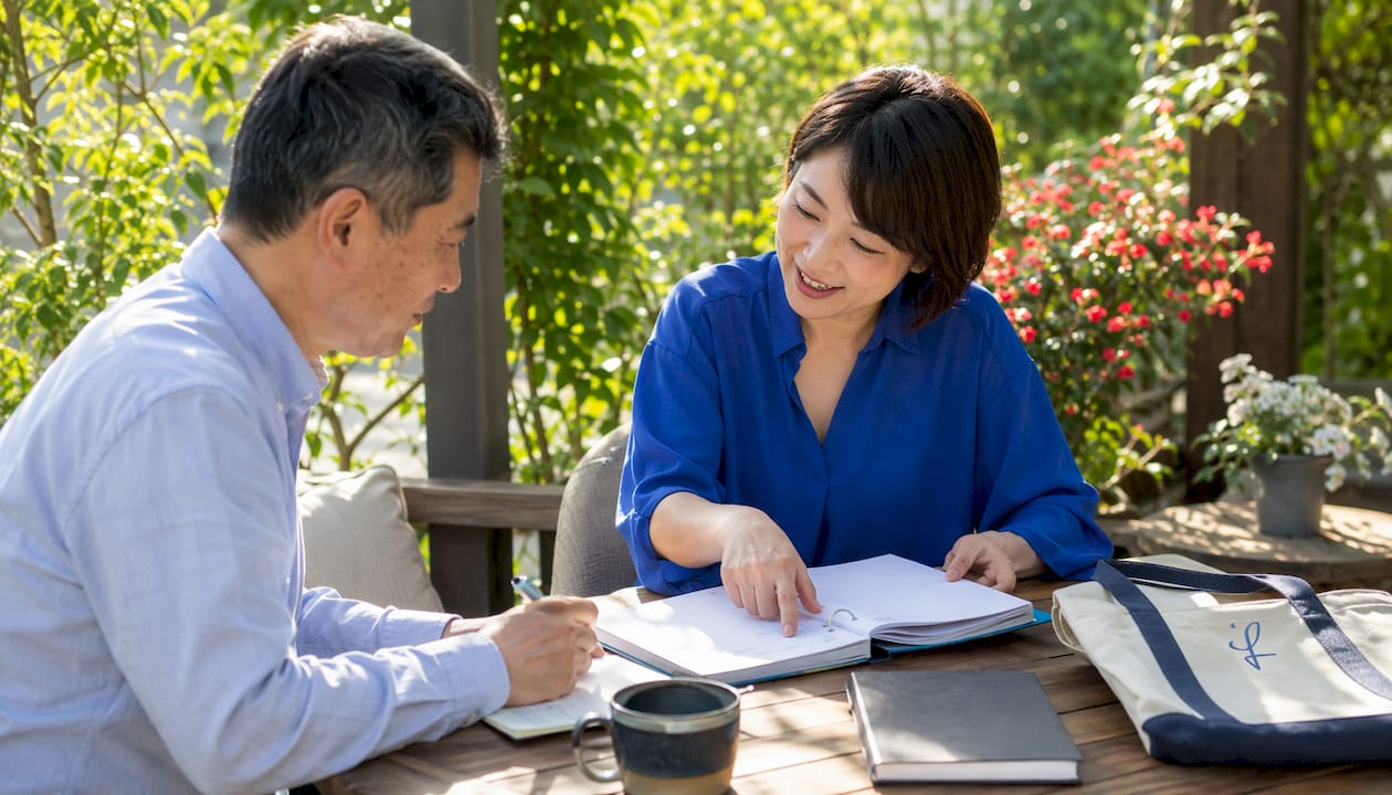 Bilingual instructor tutoring adult learner in cafe