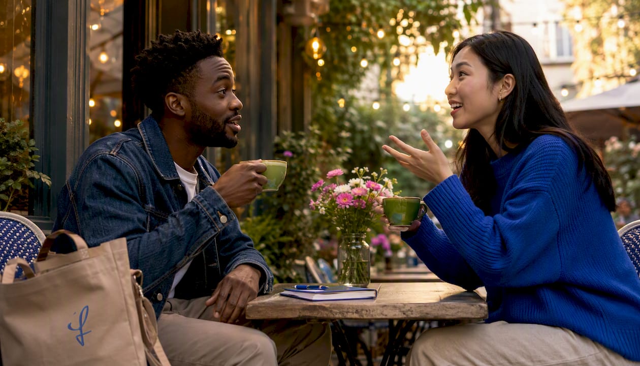 Two people practicing Japanese conversation in café