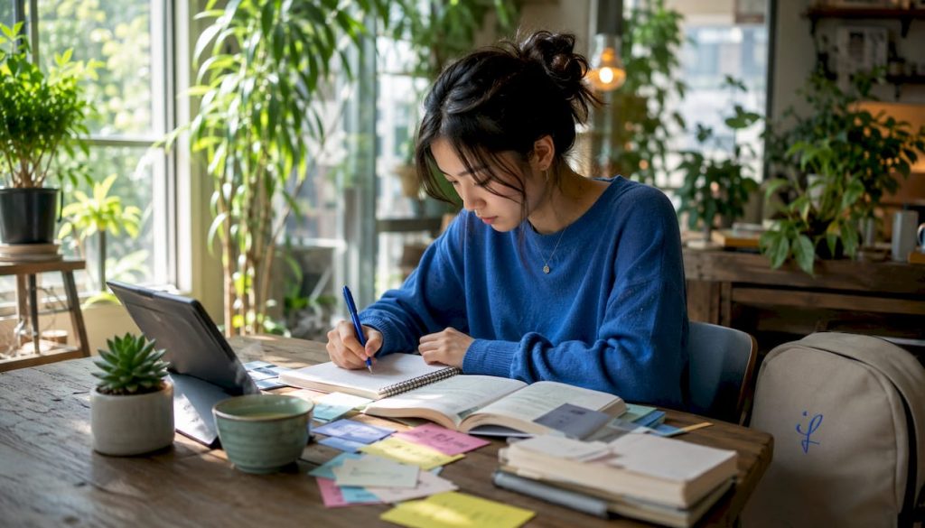 Young woman studying Japanese with books and tablet