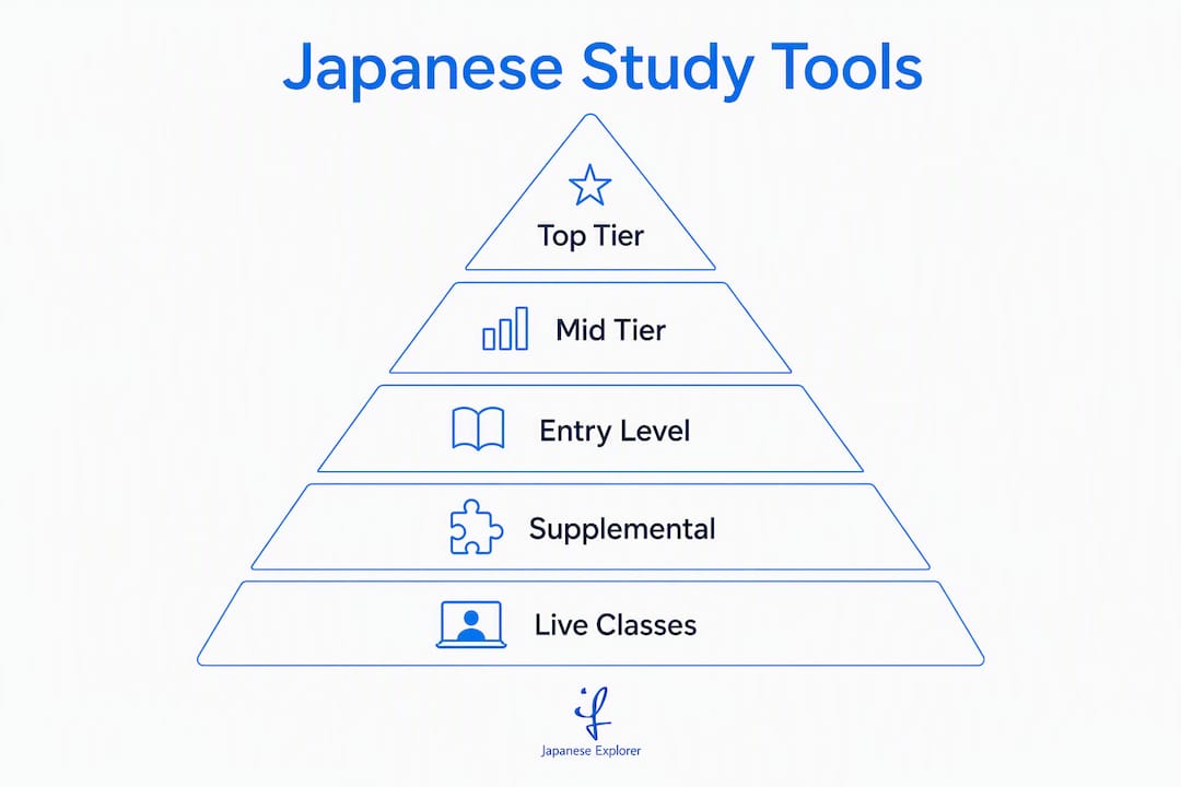 Hierarchical infographic showing Japanese study tool tiers