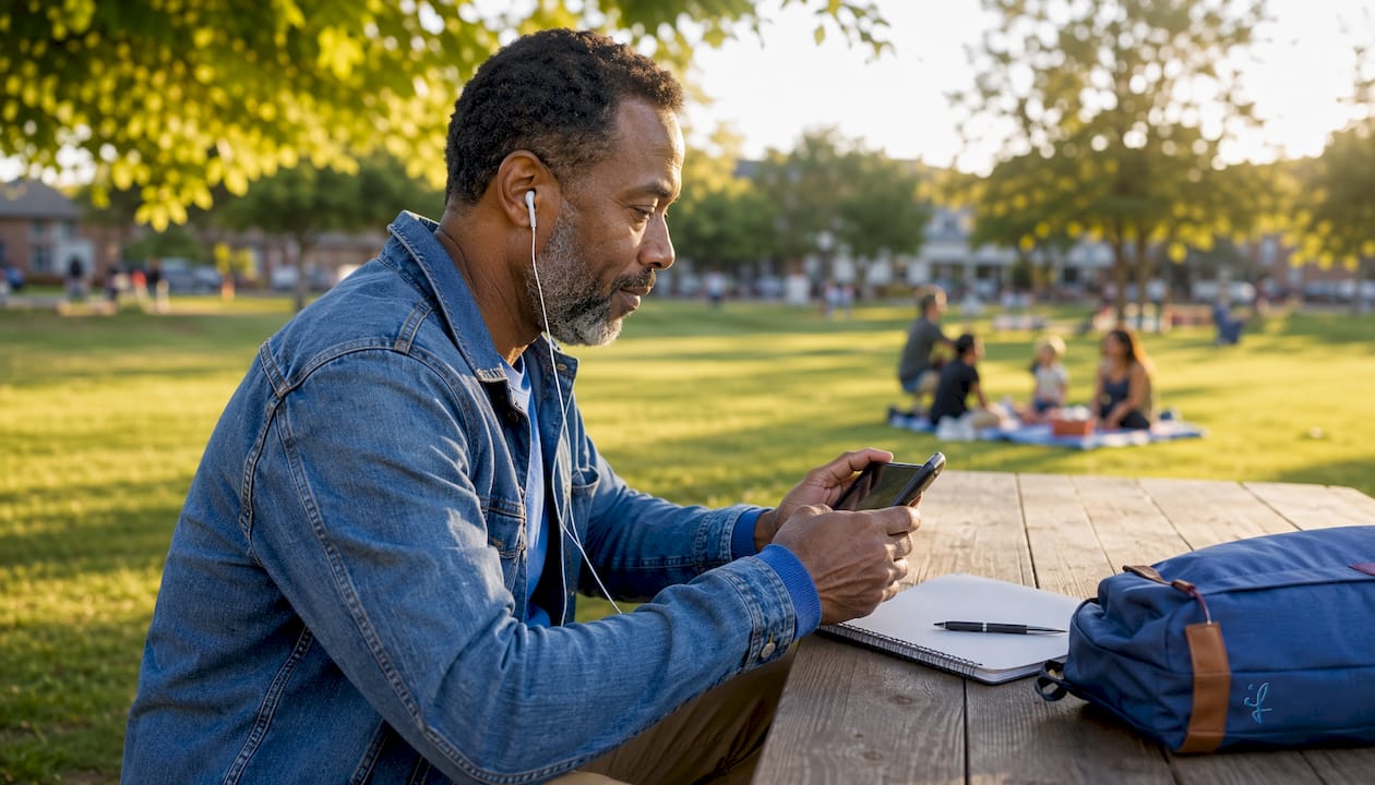 Man using Japanese language app outdoors on smartphone