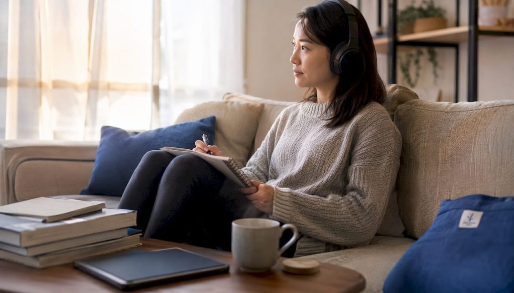 Adult learner focused on Japanese study at home desk
