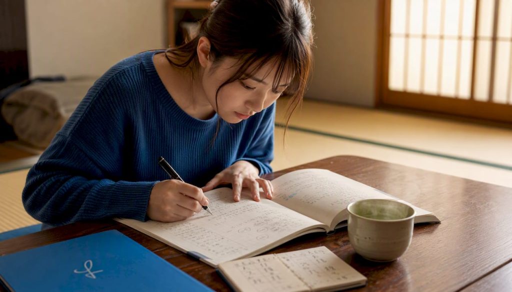 Young woman studying Japanese with books and tea