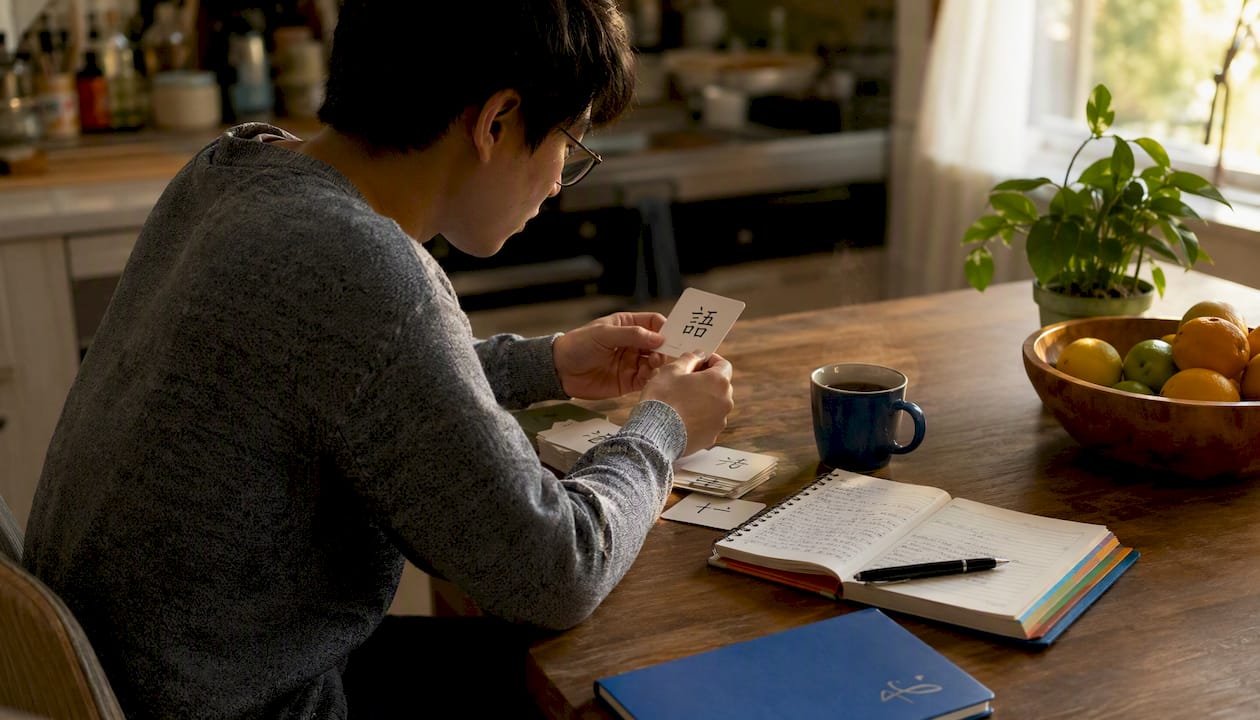 Hands holding Japanese flashcards on desk