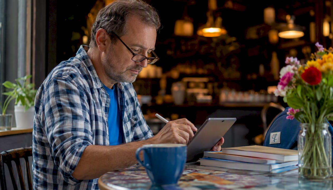 Man using tablet to learn Japanese in coworking space