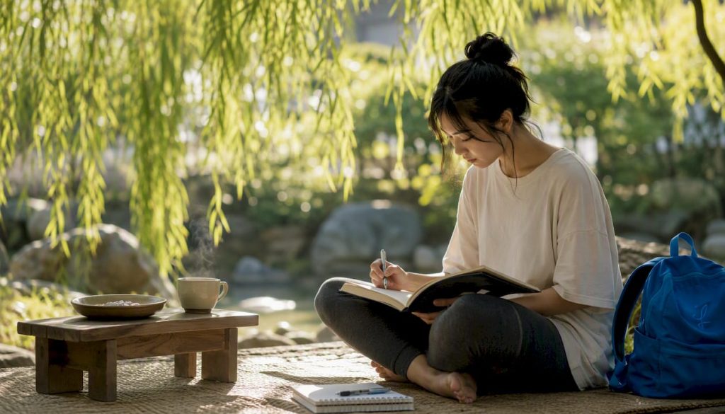 Person studying Japanese at home on tatami mat