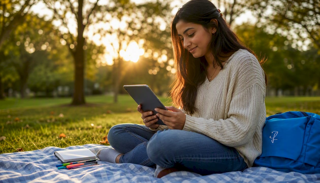 Student choosing tutor on phone outdoors