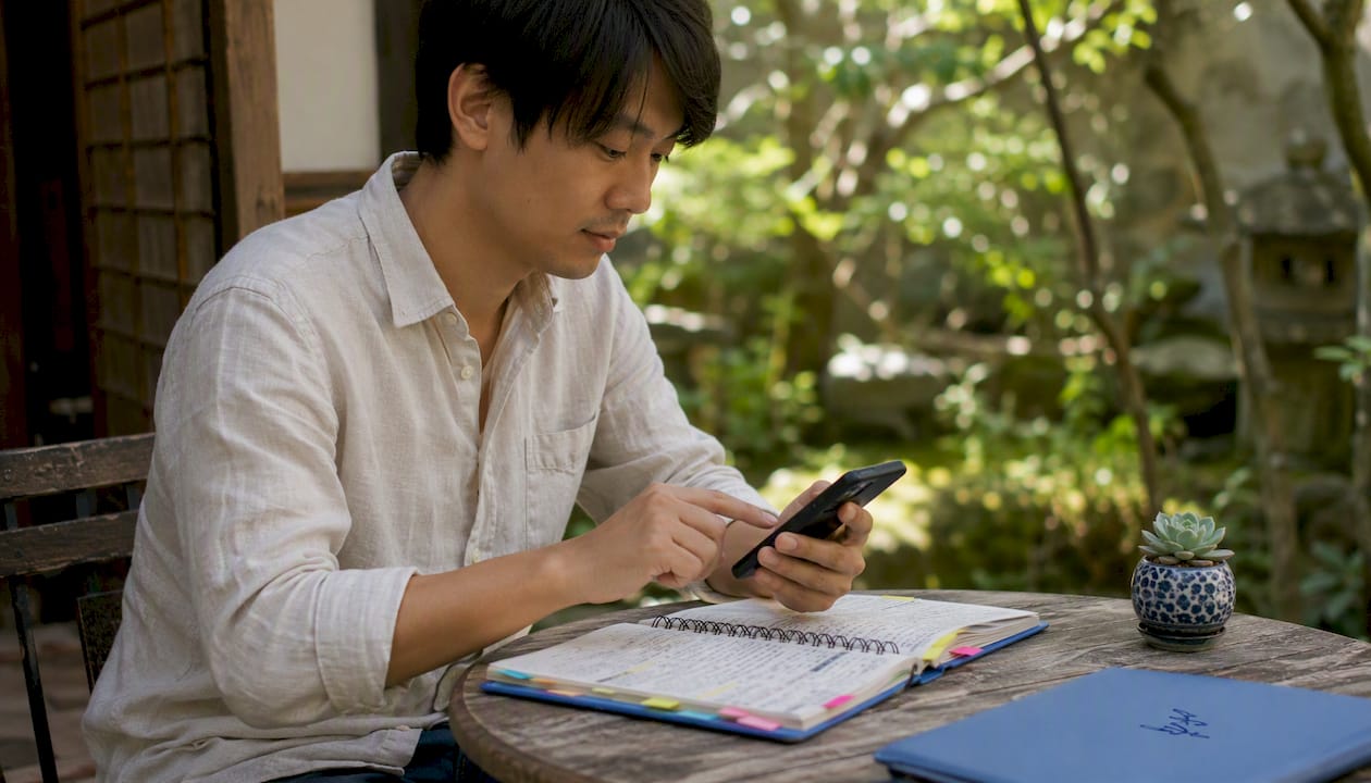 Hands recording Japanese pronunciation practice