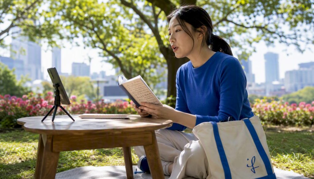Woman practicing Japanese speaking at home