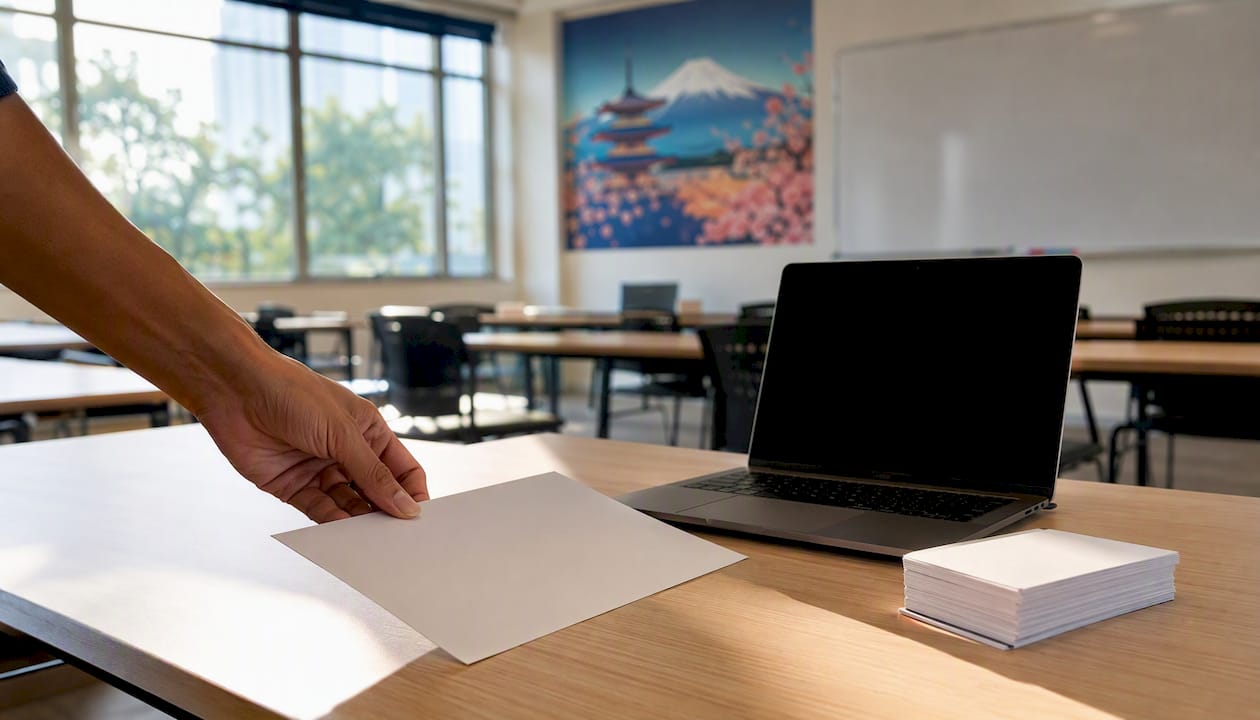 Teacher's hand with Japanese lesson materials in classroom