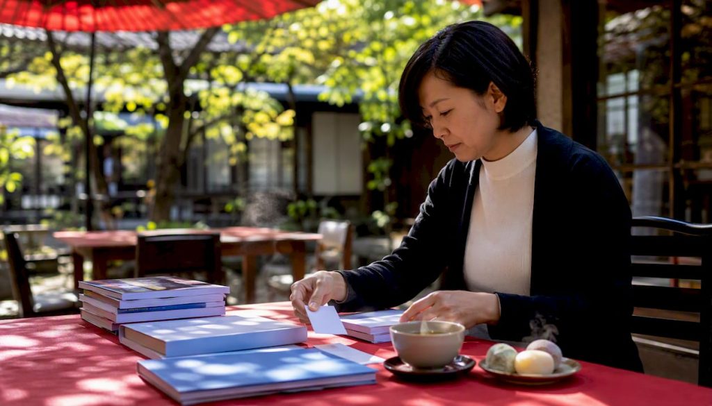 Japanese teacher organizing lesson materials on desk