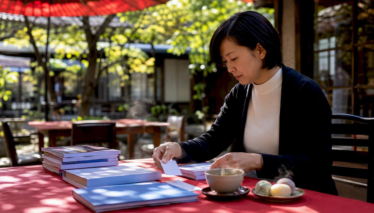 Japanese teacher organizing lesson materials on desk