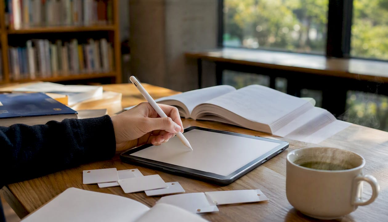 Study setup for learning Japanese kanji with tablet and books