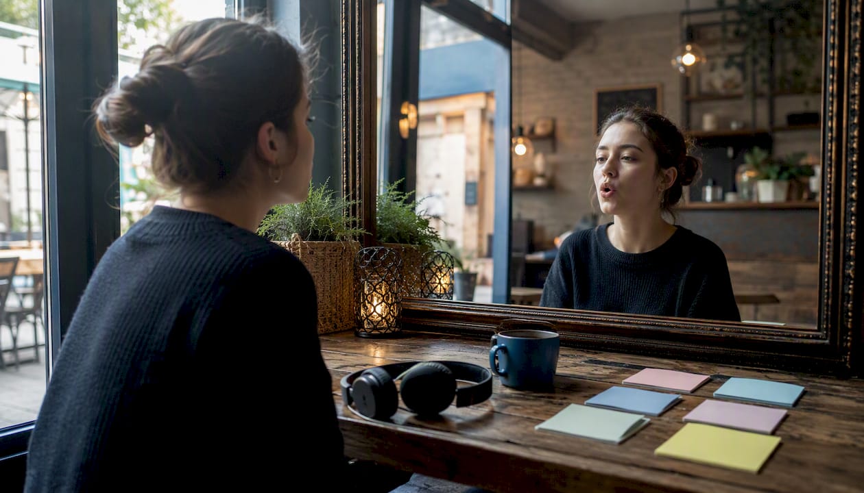 Close-up of learner shadowing Japanese speech in mirror