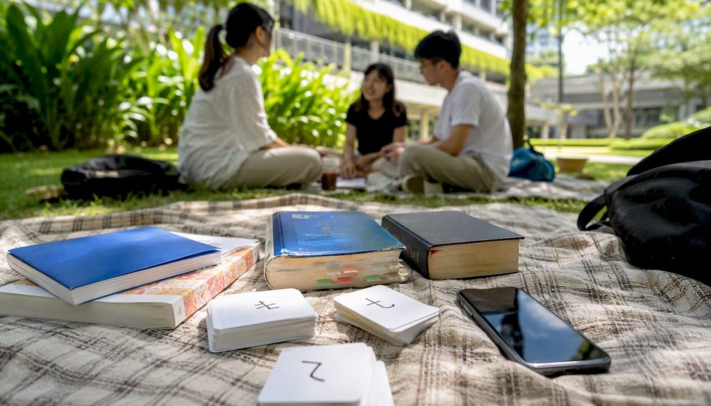 Japanese language study materials on table
