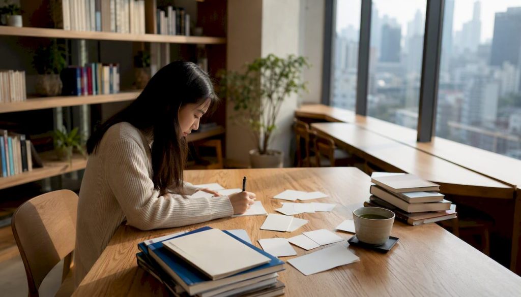 JLPT study materials and tea on desk