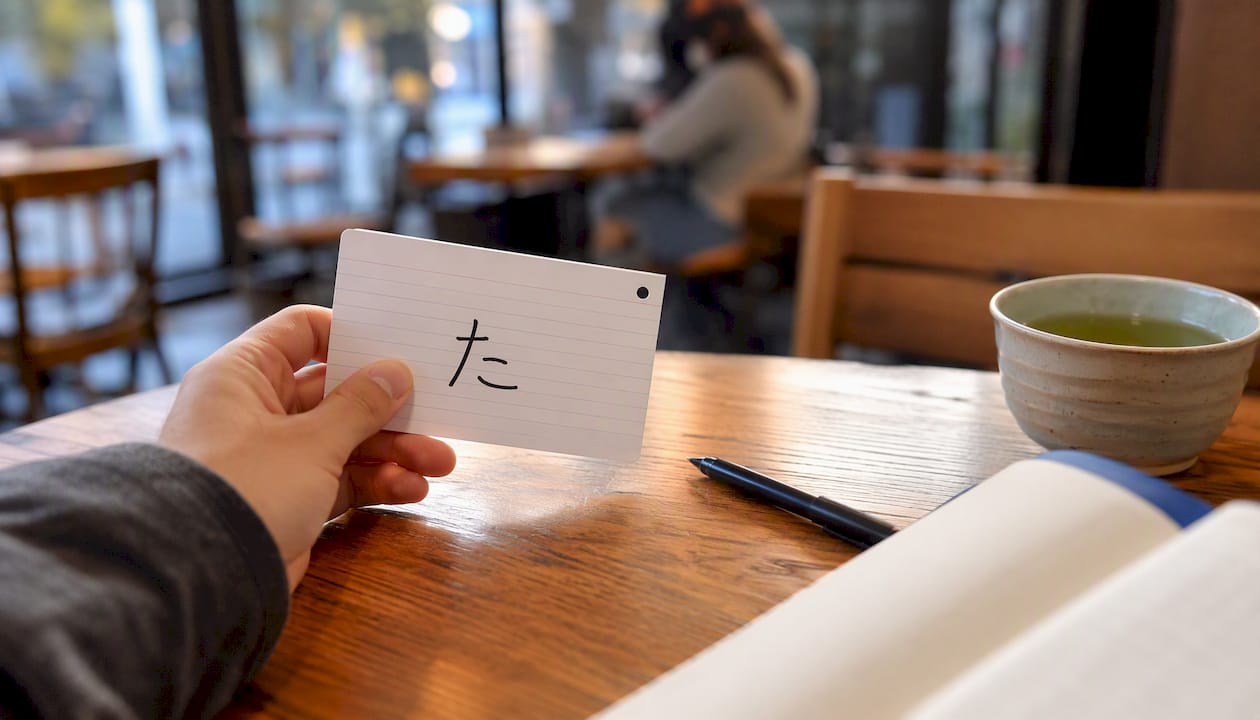 Hand holding Japanese flashcard on desk