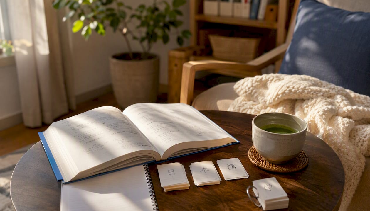 JLPT N2 study resources on desk