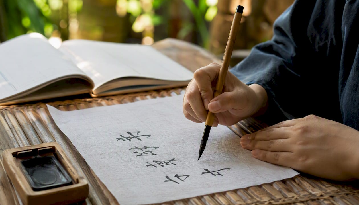 Hands writing kanji with brush pen