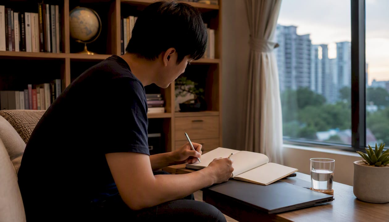Workspace with Japanese learning materials and laptop