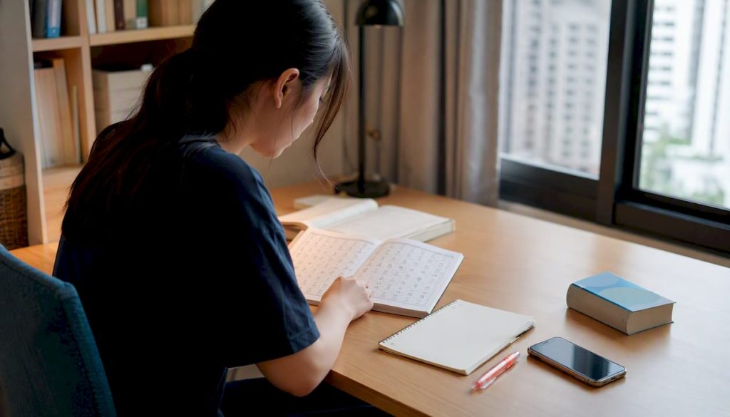 Study desk with Japanese katakana learning materials