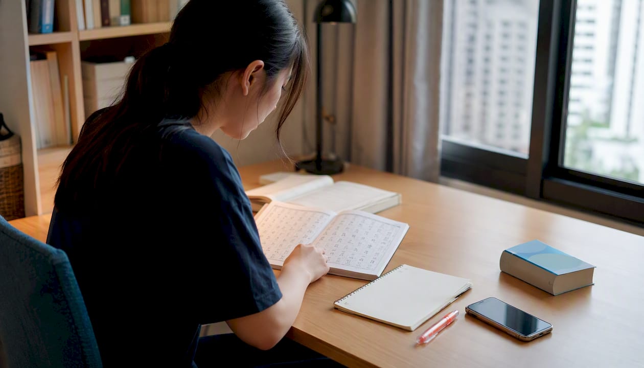 Study desk with Japanese katakana learning materials