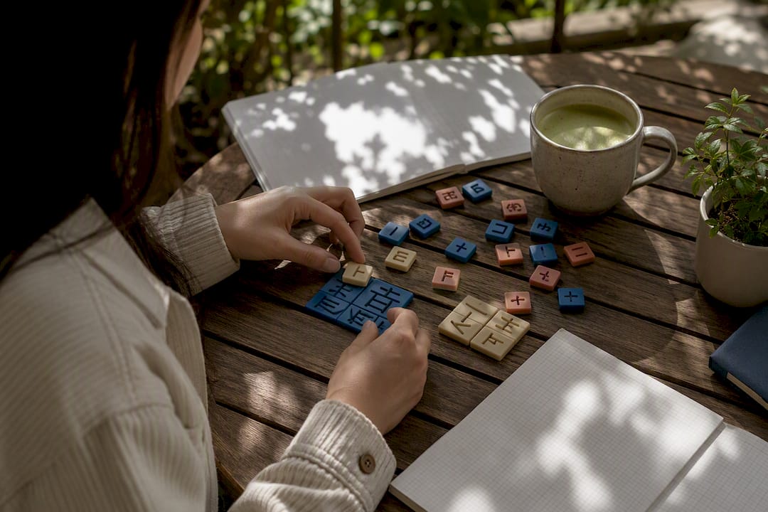 Hands arranging kanji radicals on study table