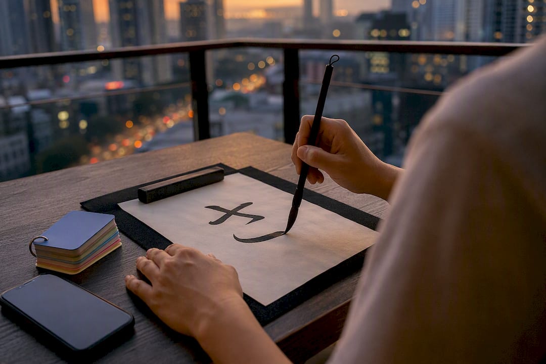 Hands tracing kana characters on grid notebook